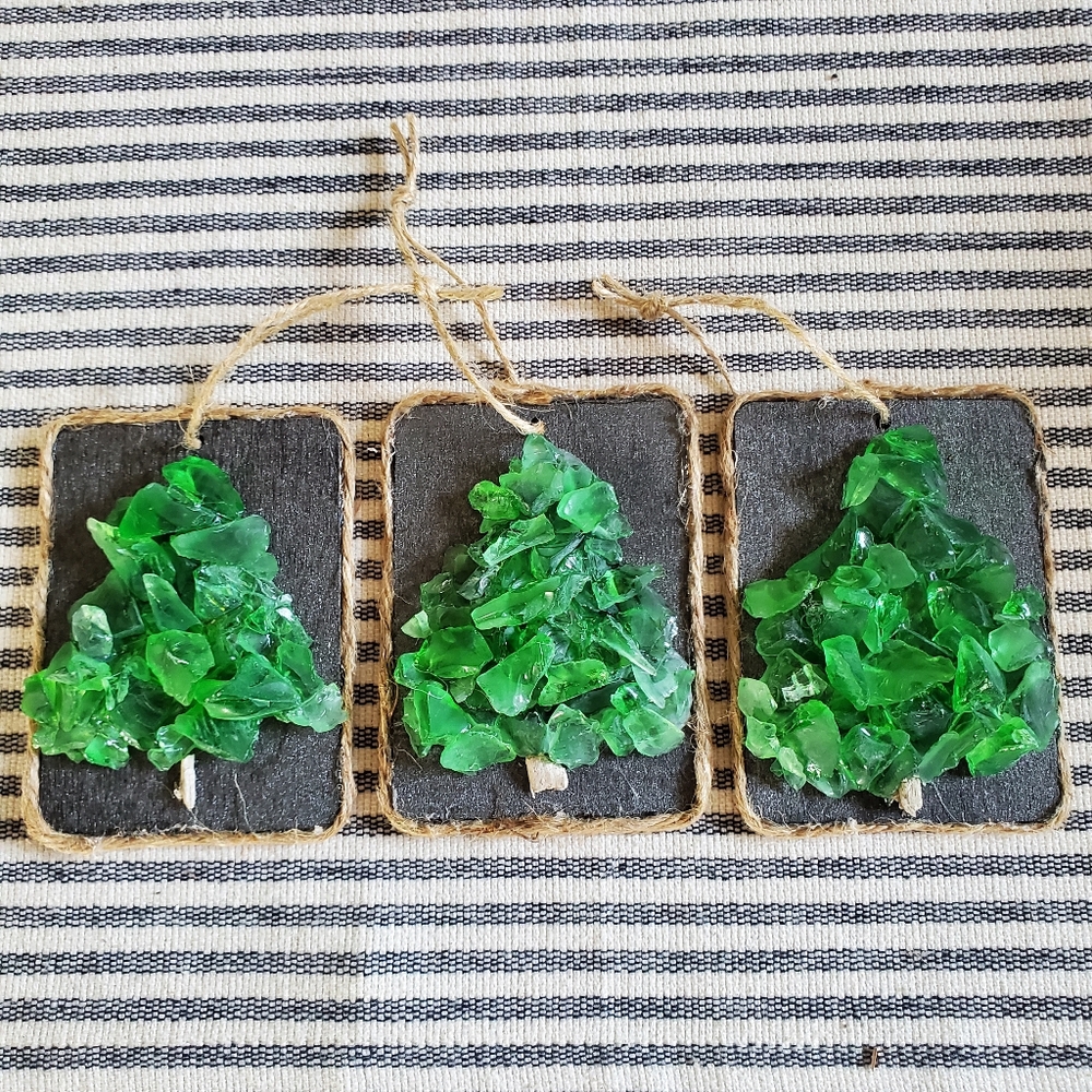 Green Glass on Bronze Painted Wood Holiday Tree Ornaments Set of 3, 3.5" x 2.5"